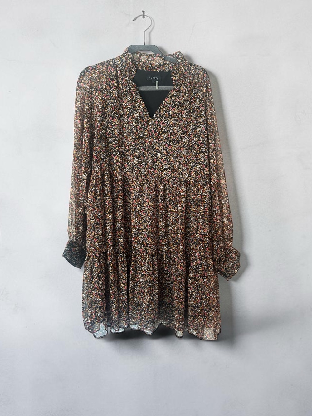 1.STATE Black Floral Mini Dress with Pink and Yellow Accents